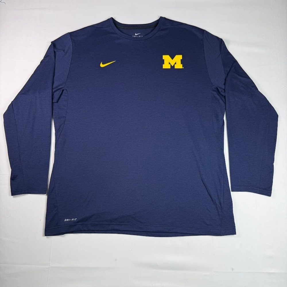 Nike Michigan Wolverines Dri-FIT Long Sleeve Shirt Mens XXL Navy Blue Logo